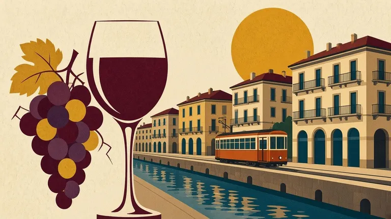 Illustrazione: un calice e il naviglio, con il tram che passa