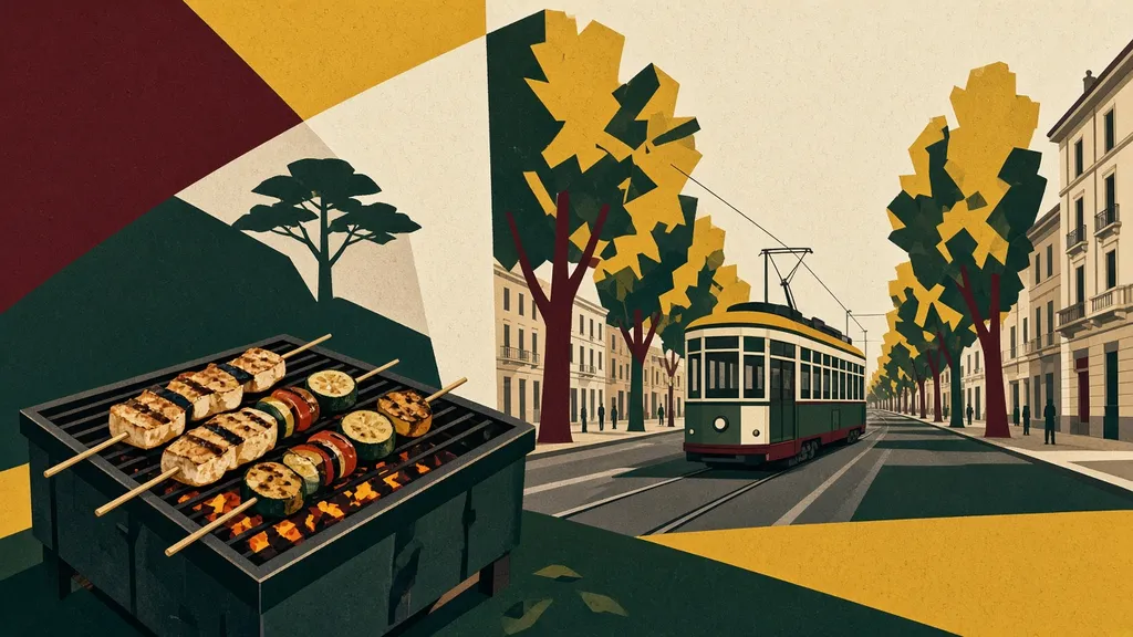 Illustrazione: la robata e il tram in viale Vittorio Veneto